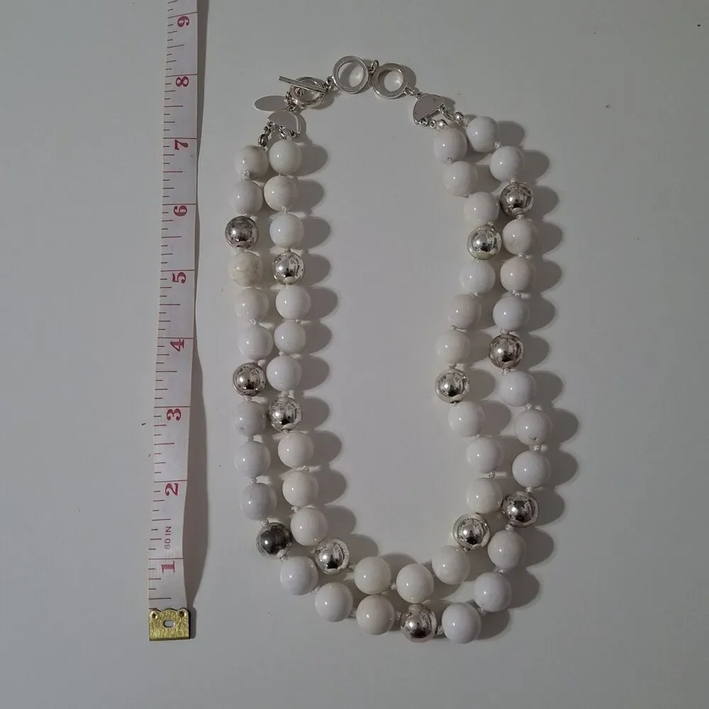 Talbots White Shiny Silver Tone Multi Strand Layered Beaded Statement Necklace